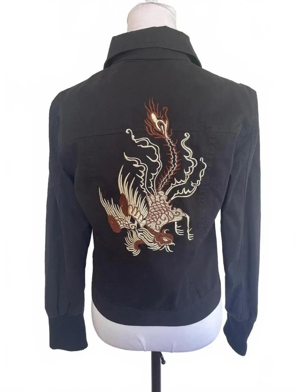 Embroidered Phoenix Black Moto Jacket S Y2K Streetwear Tattoo Grunge Indie